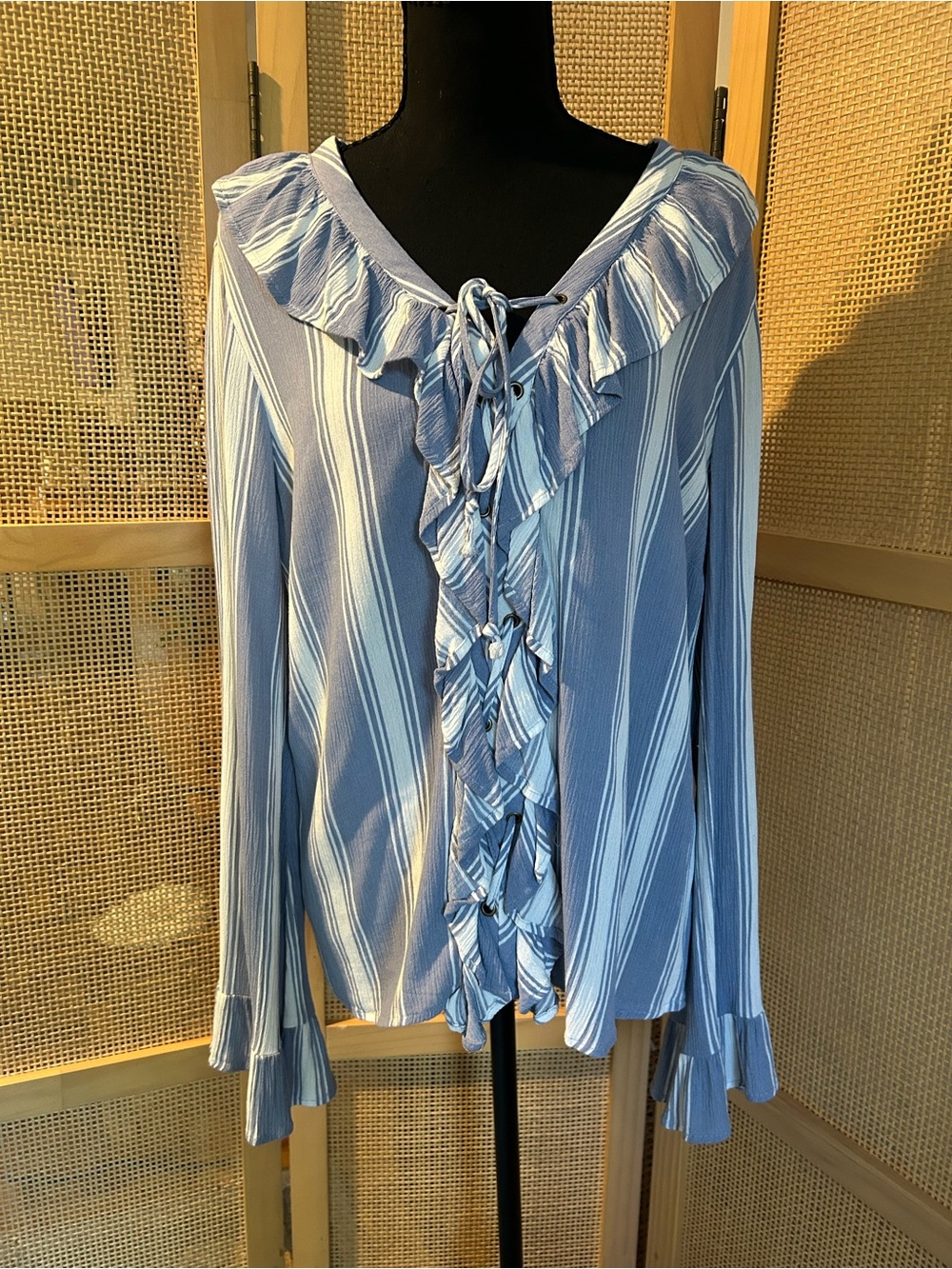 Altar’d State Blue White Stripe Ruffle Lace-Up Bell Sleeve Blouse Size M NWOT